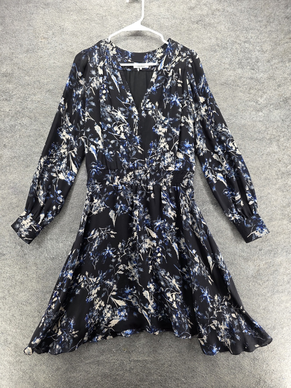 Parker Dress Womens Medium Black Floral Knee Length Long Sleeve Silk V-Neck